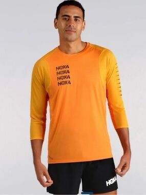 HOKA ONE ONE Performance 3/4 Sleeve Running Shirt Orange Yellow Men’s XL/XXL